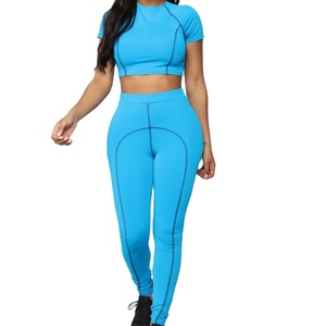 Conjunto Deportivo de 2 Piezas para Mujer, Top Corto Azul y Leggings de Cintura Alta, Ropa Deportiva para Gimnasio, Fitness y Entrenamiento - Product Image 1