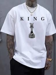 เสื้อยืดโอเวอร์ไซส์สีขาวสำหรับผู้ชาย ทรงหลวมไหล่ตก พิมพ์ลาย "KING" ลายหมากรุก สไตล์สตรีทแวร์ลำลอง แขนสั้น ผ้าฝ้าย - Product Image 2
