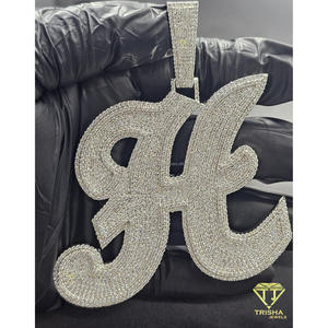 Iced Out "H" <b>Initial</b> <b>Necklace</b> Lab Grown Diamond Hip Hop Pendant <b>Silver</b> Bling Chain Custom Jewelry Gift - Product Image 5