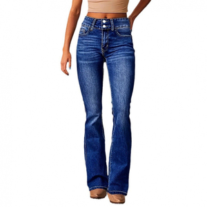 Jeans en denim pour femme, taille mi-haute, coupe large, longueur intégrale, délavage moyen, couleur unie, style décontracté, respirant, pour le printemps - Product Image 1