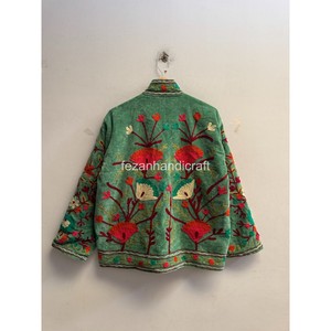 Chaqueta de Mujer con Cuello Mandarín, Bordado Floral a Mano, Verde, Algodón, Manga Larga, Estilo Étnico, Ropa Exterior de Primavera - Product Image 6