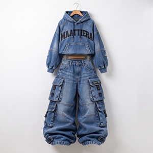 <b>Womens</b> Blue Washed Denim Hoodie And <b>Baggy</b> Cargo <b>Jeans</b> Set Oversized Cropped Sweatshirt Multi Pocket Streetwear Wholesale OEM - Product Image 5
