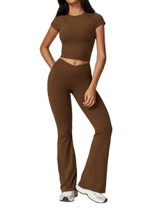 Yoga Set Women Short Sleeve <b>Crop</b> Top Slim Fit Stretchy High Waist Flare <b>Leggings</b> Fitness Suit Workout Gym Running Tracksuit - Product Image 4