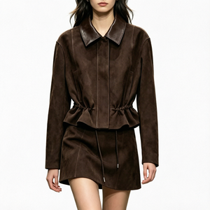 Veste en cuir suédé véritable pour femme, col rabattu, manches longues, taille ajustable, blazer peplum - Product Image 5