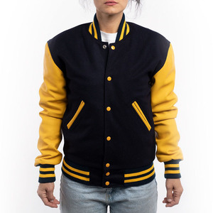 Blouson universitaire tendance pour femme, bleu marine et jaune contrasté, manches longues, boutonnage frontal, coupe classique, idéal pour l'automne, à prix réduits - Product Image 1