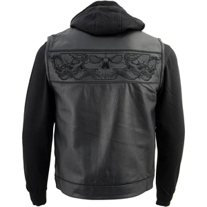 Gilet en cuir premium pour homme Samroz Sports avec capuche amovible - Marron vieilli, col en V, fermeture éclair, veste de moto pour l'hiver - Product Image 3