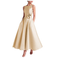 Robe longue élégante vintage naturelle sans manches pour femme, coupe trapèze, avec fleurs 3D à la taille, idéale pour les soirées, personnalisable