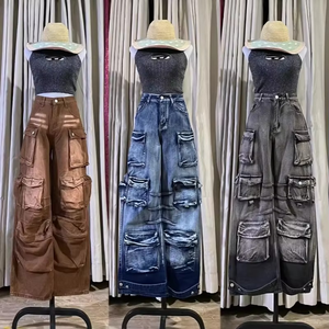 Women Mid Waist Flat Solid Denim Wide Leg Loose Fit Full Length Medium Wash Vintage Hip Hop Elastic Waist Casual Spring Pants - Product Image 2