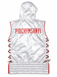 Custom Boxing Sleeveless Zip Hoodie <b>Silver</b> Satin Professional Set Martial Arts Training Vest Quick Dry Eco-Friendly Front - Product Image 4