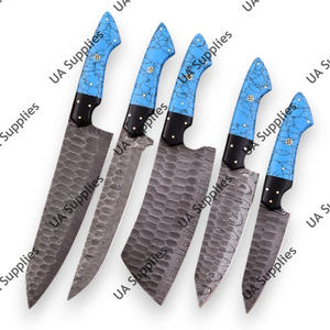 Juego de Cuchillos de Cocina Profesionales Damacsus Steel de 5 Piezas con Hoja Martillada Multiusos, Mango de Piedra Turquesa y Estuche de Cuero - Product Image 2