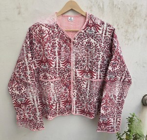 Handmade Knitted Breathable Jaipuri Cotton <b>Quilted</b> <b>Jacket</b> Women Mughal Floral Block Print Reversible Stripe <b>Pattern</b> Cardigan - Product Image 1