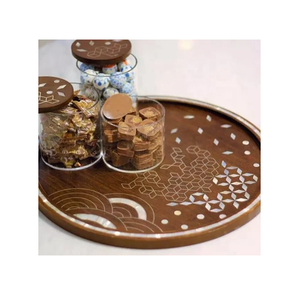 Bandeja de madera natural y con incrustaciones de nácar, con logotipo y tamaño personalizados, para servir chocolate, ideal para fiestas de Navidad y artículos de mesa para bodas. - Product Image 1