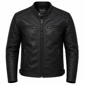 Chaqueta de Motero para Hombre 100% Cuero Vacuno Genuino |   Chaqueta de Motociclista Negra con Logotipo Grabado, Hombros Acolchados y Bolsillos con Cremallera - Product Image 1