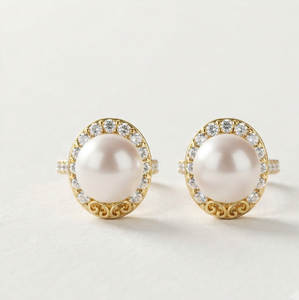 Pendientes de Perlas de Agua Dulce de Lujo con Baño de Rodio en Plata 925, con Halo de Circonita Ovalada, para Regalo de Boda o Fiesta - Product Image 1