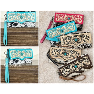 Western Luxury Style Tooled Cowhide Leather <b>Wristlet</b> Wallet with Turquoise Concho Vintage Floral Embossed Clutch Purse for Women - Product Image 1