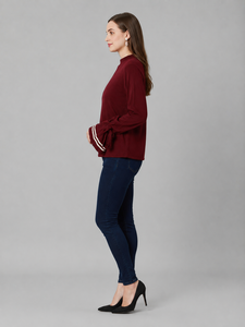 Pull à manches longues en tricot côtelé bordeaux pour femme, haut décontracté pour tous les jours - Product Image 2