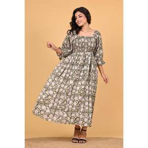 Robe maxi bohème en coton 100% indien à imprimé bloc, pour femmes, à manches longues smockées, pour l'été et l'automne, à porter pour les fêtes - Product Image 3