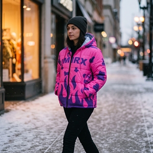 Veste matelassée à capuche imprimée flamme rose et violette, manteau d'hiver à fermeture éclair, logo personnalisé, capuche amovible, 100% polyester - Product Image 6