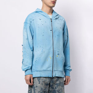 Custom Men Distressed Zip Up Hoodie Oversized Heavyweight Cotton Fleece Washed Streetwear <b>Sweatshirt</b> <b>Vintage</b> Paint Splatter Hood - Product Image 3