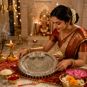 ชุดเครื่องประดับเงินเยอรมันโบราณ Pooja Thali สำหรับตกแต่งบ้านวัดเทศกาล Raksha Bandhan & ให้เป็นของขวัญ - Product Image 4