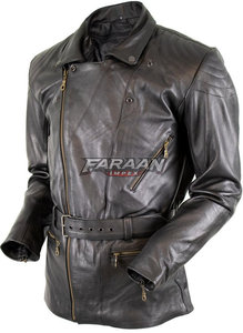 <b>Mens</b> <b>Long</b> Black Leather Canvas Stand Biker Jacket Belted Asymmetrical Zip Motorcycle Touring <b>Coat</b> Quilted Shoulder Multi Front - Product Image 2
