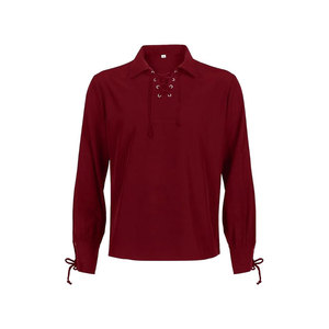 Men's Burgundy Long Sleeve Casual <b>Shirt</b> <b>Collarless</b> Lace-Up Front Breathable Solid Color Full Sleeve Spring Top - Product Image 6
