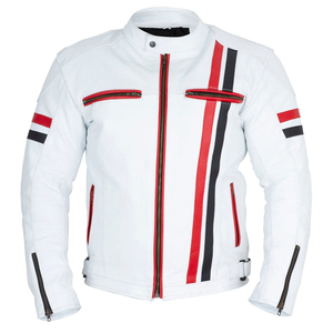 New <b>White</b> PU Motorcycle <b>Jacket</b> Stand Collar Striped Red Black Windproof Biker Style Regular Fit Zipper Closure Bicycle <b>Jackets</b> - Product Image 2