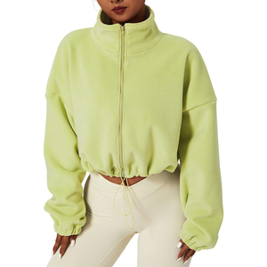 Nueva Llegada Sudadera Corta con Cierre para Mujer, Color Verde Lima, 100% Algodón, Secado Rápido, Cuello Alto, Hombros Caídos, Manga Larga - Product Image 1