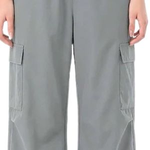 Pantalon cargo gris pour femme, taille haute, cordon de serrage, coupe ample, avec poches latérales, revers élastiques, décontracté, pour tous les jours - Product Image 3
