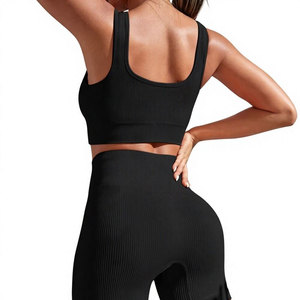 Conjunto de 2 Piezas de Shorts de Yoga Acanalados de Cintura Media, Sin Costuras, Elásticos en 4 Direcciones, Color Sólido, Tallas Grandes, Ecológicos y Transpirables para Mujer - Product Image 5