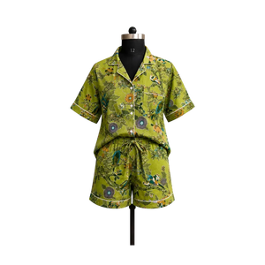 Conjunto de Pijama Floral con Estampado a Mano para Mujer, Camisa de Manga Corta y Pantalones Cortos de Algodón, Conjunto de Ropa de Dormir Informal Hecho a Mano - Product Image 1