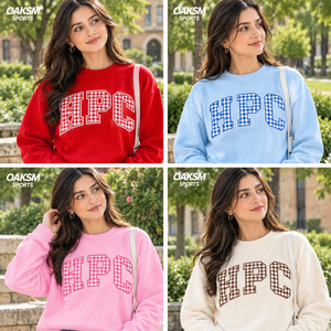 <b>Women</b> <b>Red</b> Crew Neck Sweatshirt With HPC Gingham Letter Print Blank Heavyweight Cotton Fleece <b>Jumper</b> Custom Printing Logo - Product Image 5