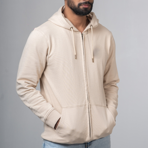 Sweat-shirt classique à fermeture éclair, couleur beige, coupe ample, en molleton 100% coton, doux et tricoté, confortable, avec deux poches et cordon de serrage. - Product Image 5