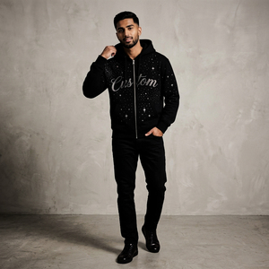 Custom Rhinestone Print <b>Zip</b>-<b>Up</b> <b>Hoodie</b> Unisex <b>Black</b> Casual Hooded Sweatshirt Regular Fit Autumn Knitted 100% Polyester - Product Image 5