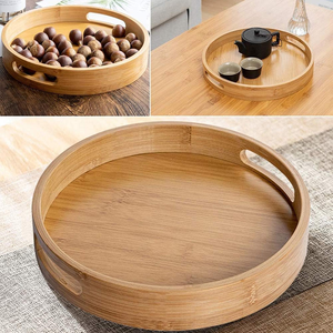 Bamboo Wooden Round Serving <b>Tray</b> With Handle Tea & Coffee Table Decorative <b>Tray</b> Food <b>Storage</b> Platters - Product Image 2