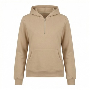 <b>Women</b> Hooded Quarter-<b>Zip</b> Sweatshirt Solid Color Casual Full Sleeve Midweight Fleece Autumn Wear with Front Pockets - Product Image 1