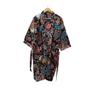 Bata Kimono de Algodón Hecha a Mano para Mujer, Estampado Floral Negro, Manga Larga, Cuello en V, Bata Larga para Descansar, Bata de Noche - Product Image 1