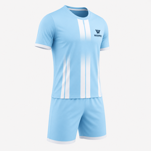 Warpro Men's <b>Light</b> Blue Striped Soccer Jersey Shorts Set Crew <b>Neck</b> Short Sleeve Moisture Wicking Athletic Fit Full Kit - Product Image 3