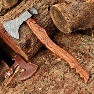 A&M ENTERPRISES Handmade Damascus Steel Camping <b>Axe</b> Hand Carved Feather Design Rosewood <b>Handle</b> Matching Leather Sheath knives - Product Image 1
