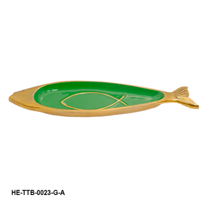 Bandeja para adornos artesanal de aluminio con forma de pez, con esmalte azul marino real, bordes de latón dorado y motivos simbólicos - Product Image 2