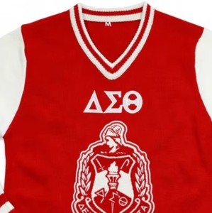 Pull en tricot d'hiver pour homme, col en V brodé Delta Sigma Theta, rouge et blanc, manches longues, style preppy, laine/acrylique épaisse - Product Image 2