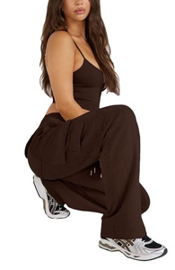 Pantalones de chándal de lana de cintura alta informales de Invierno para mujer Joggers con bolsillos 100% algodón pierna ancha ajuste suelto - Product Image 4