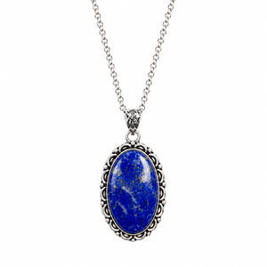 Collar con Colgante Vintage de Lapislázuli Natural Pulido, Joyería de Piedra Azul con Engaste de Aleación Metálica en Tono Plateado, Venta al por Mayor - Product Image 1