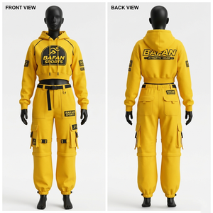 ชุดเซ็ตเสื้อครอปฮู้ดดี้พรีเมียมสำหรับผู้หญิง และกางเกงคาร์โก้หลายกระเป๋า ผ้าฝ้ายฟลีซ 320 GSM สีเหลือง ชุดลำลองสำหรับผู้หญิง - Product Image 1