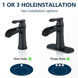 Rubinetto a cascata nero per lavabo con piastra di copertura, scarico a scomparsa, tubi di alimentazione, 1 foro, 3 fori, collezione rubinetti bagno e lavabo - Product Image 3