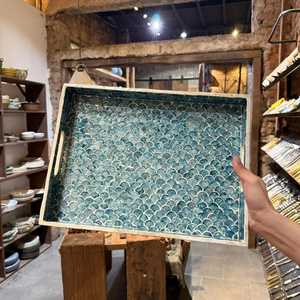 Luxury Blue Honeycomb Pattern Mother of Pearl <b>MOP</b> Tray Smooth Finish Single Tier for Home Kitchen Living Room Storage Serving - Product Image 3