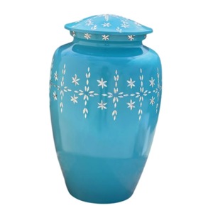 Elegante urna de cremación de aluminio azul para cenizas humanas de adultos, urna funeraria de metal con tapa roscada segura y diseño floral de estrella blanca. - Product Image 1