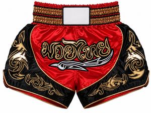 Shorts de Muay Thai pour hommes, rouge, noir, or, brodés, en satin, taille haute, élastiques, respirants, shorts décontractés pour le sport - Product Image 1