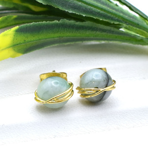 <b>Emerald</b> Wire Wrap Earrings 8mm | Round Green Gemstone <b>Studs</b> | Dainty Birthstone Jewelry - Product Image 3