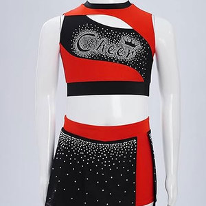 Kids Girls 2 Piece School Cheerleading Uniform Outfit Shiny Sleeveless Crop <b>Top</b> with Pleated Skirt Set Cheer Fancy Dress - Product Image 3